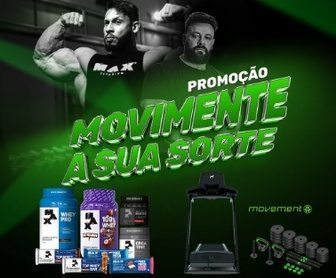 Imagem promocional colorida destacando a campanha “Movimente a Sua Sorte Jaú Serve e Max Titanium”, mostrando produtos de suplementação, uma esteira elétrica Movement R4i e o kit de musculação, com frases chamativas incentivando os consumidores a participarem da promoção comprando pelo aplicativo Jaú Serve Plus.