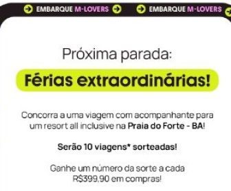 Imagem da promoção Melissa Férias Extraordinárias, destacando o sorteio de 10 viagens para a Praia do Forte, Bahia, com a logo da Melissa e imagens de calçados da marca.