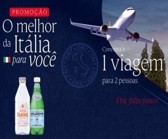 Imagem de um cartão promocional da promoção 'O Melhor da Itália para Você', apresentado pelas marcas Minalba, S.Pellegrino e Acqua Panna. O cartão destaca prêmios como uma viagem à Itália e experiências gastronômicas, com elementos visuais que remetem à cultura italiana, como a bandeira da Itália e ícones de gastronomia