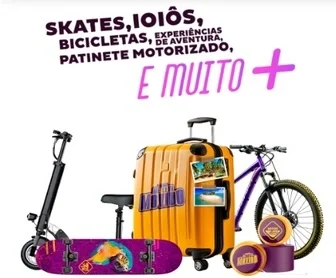 Imagem promocional da campanha Me Leva Movido Açaí 2025, destacando os prêmios oferecidos, incluindo uma viagem para Porto Seguro, patinete elétrico e outros itens exclusivos, com o logo da marca Movido Açaí.