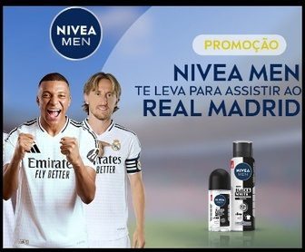 Banner promocional da campanha Nivea Men que oferece a chance de ganhar uma viagem para Madri para assistir ao Real Madrid no estádio Santiago Bernabéu, além de prêmios em dinheiro via PicPay.