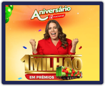 Imagem promocional do Aniversário Nacional 2024, destacando os prêmios e a oportunidade de ganhar até 1 milhão de reais em prêmios ao realizar compras.