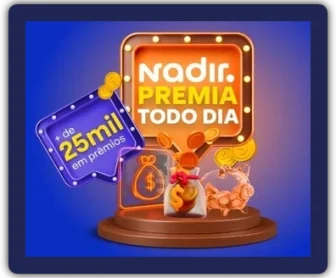 Imagem promocional da campanha "Nadir Premia Todo Dia", destacando prêmios de até R$ 700 em créditos digitais e a necessidade de compras a partir de R$ 30 em produtos Nadir para participar. A imagem inclui cores vibrantes, elementos de sorte, e produtos da marca como destaque.