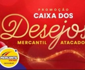 Imagem mostrando a campanha Promoção Caixa dos Desejos Mercantil Atacado. A imagem destaca os prêmios disponíveis, como vales-compras no valor de R$ 100,00, e exibe o logotipo da rede Mercantil Atacado junto com elementos natalinos para atrair clientes.