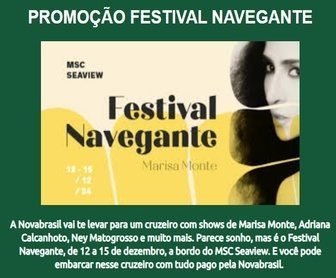 Imagem promocional da Promoção Navegante com a Novabrasil FM, destacando um navio de cruzeiro ao fundo e elementos gráficos representando o festival de música de Marisa Monte. A imagem exibe também o logotipo da rádio Novabrasil FM e o título 