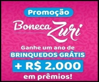 Promoção Boneca Zuri 2025 da Novabrink com prêmios de um ano de brinquedos e até R$ 2.000, mostrando criança brincando feliz com a boneca Zuri.