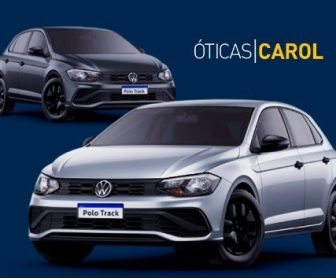 Banner promocional da campanha de Natal das Óticas Carol, mostrando o sorteio de 24 carros Volkswagen Polo zero quilômetro para clientes que realizarem compras nas lojas físicas da rede.