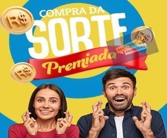 Banner promocional da Promoção Compra da Sorte Premiada Rede GECON, destacando prêmios em vale-compras de até R$ 5.000,00, com instruções para participação e cadastro via QR Code ou site.