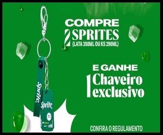 Banner verde da promoção Sprite com chaveiro exclusivo e instruções: Compre 2 Sprites (lata 350ml ou KS 290ml) e ganhe 1 chaveiro exclusivo.