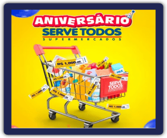 Imagem promocional da campanha de aniversário 2024 do Supermercado Serve Todos, destacando a chance de ganhar vales-compra semanais de R$1.000,00. A imagem contém informações sobre a necessidade de compras mínimas de R$100,00 e o cadastro no aplicativo CLIENTE SUPER SERVE.