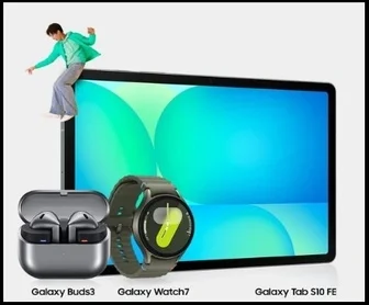 Imagem promocional da campanha Tab Resolve da Samsung, mostrando o Galaxy Tab S10 FE, Galaxy Watch7 e Galaxy Buds3 em destaque com fundo moderno e vibrante.