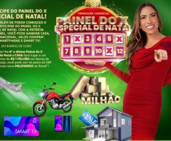 Imagem promocional da Tele Sena de Natal 2024, mostrando os prêmios incríveis da promoção “Painel do X Especial de Natal”, incluindo uma casa, viagem, vale-compras, moto, smartphone e smart TV.