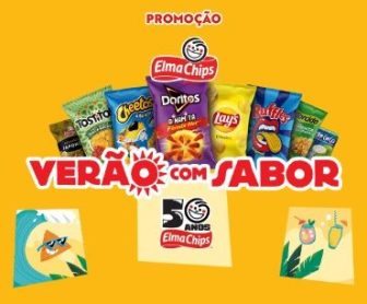 Imagem promocional da campanha Verão com Sabor Elma Chips 2024. A arte destaca prêmios como caixas de som JBL, copos temáticos, maxi cangas e bolsas térmicas. O fundo apresenta elementos vibrantes em tons de verão, com imagens de snacks como Cheetos, Doritos e Ruffles, além de informações sobre como participar.