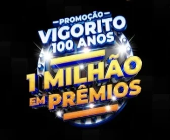 Banner promocional da campanha Vigorito 100 Anos, destacando prêmios como carros zero quilômetro e cartões pré-pagos. Fundo vibrante em tons de azul e dourado, com texto anunciando a celebração histórica e informações sobre datas e participação.