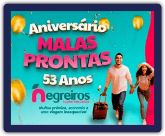 Imagem promocional da campanha “Aniversário Malas Prontas 53 anos Negreiros Supermercados”, destacando prêmios como vales-compras e vouchers de hospedagem no Bourbon Atibaia Resort.