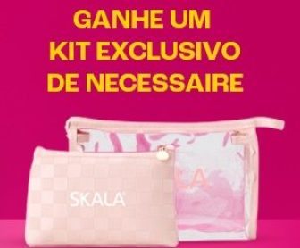Imagem promocional da Skala exibindo produtos de cuidados capilares ao lado de uma nécessaire personalizada, destacando a oferta de brinde gratuito em compras no site oficial.