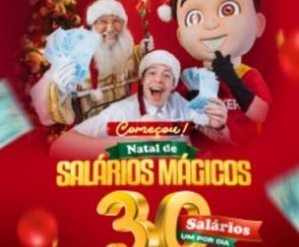 Imagem promocional da campanha “Natal de Salários Mágicos” do Supermercado Becker. Apresenta elementos natalinos, como luzes e decorações, com destaque para o prêmio de 30 vale-compras de um salário mínimo cada, para celebrar o final de ano dos clientes de Santa Catarina.