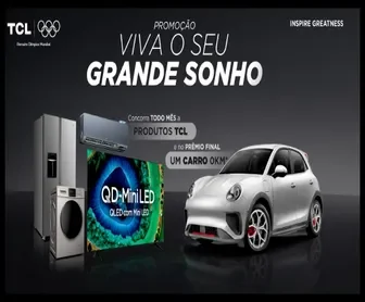 Imagem oficial da promoção “Viva o Seu Grande Sonho” da TCL, destacando os principais prêmios da campanha: uma TV QD-MiniLED, geladeira, ar-condicionado, máquina de lavar e um carro branco estiloso. A arte reforça os sorteios mensais de produtos da marca e o prêmio final de um automóvel 0km, simbolizando inovação, conforto e a realização de um grande sonho