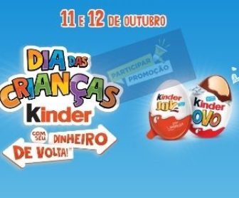 Banner promocional do Dia das Crianças Kinder 2024 destacando a oferta de reembolso de até R$ 25,00 na compra de Kinder Ovo ou Kinder Joy, com informações sobre datas e cadastro de cupons fiscais.