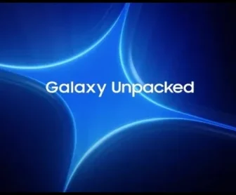 Logo do evento Galaxy Unpacked da Samsung em fundo azul com efeito de luz.