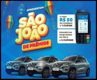 Imagem promocional colorida da campanha "São João de Prêmios Liquida Feira de Santana 2025", com destaque para três carros Renault Kwid 0km e textos anunciando o sorteio. Elementos gráficos típicos do São João, como bandeirolas e fogueiras, decoram o fundo.