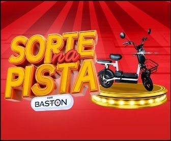 Imagem promocional da campanha “Sorte na Pista” da Baston em parceria com a Rede Glamour, destacando a chance de ganhar uma scooter elétrica ao comprar R$ 15 em produtos participantes em lojas de São Paulo.
