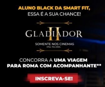 Imagem promocional da campanha “Smart Fit Quem Tem Black Vai a Roma”, destacando o prêmio principal: uma viagem para Roma, na Itália. A imagem apresenta elementos visuais como o Coliseu ao fundo, um avião simbolizando a viagem, e o logotipo da Smart Fit com informações sobre a promoção.