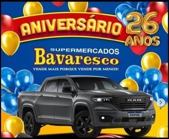 Imagem promocional da campanha de aniversário dos Supermercados Bavaresco, destacando o sorteio de uma caminhonete RAM Rampage 0km para os clientes que participarem da promoção.