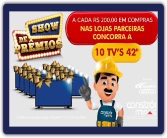 Uma imagem promocional da Constrói Minas e Amanco Wavin, destacando a Promoção Show de Prêmios 2024, que oferece 10 Smart TVs LED de 42 polegadas como prêmios. A imagem apresenta o logotipo das empresas, as TVs em destaque e informações sobre como participar da promoção.