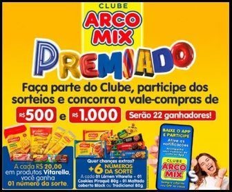 A imagem promocional apresenta um design vibrante e dinâmico que destaca o logotipo do Supermercado Arco-Mix e da Ambev, enfatizando a nova promoção Clube Premiado. No centro, aparecem os prêmios em vale-compras com valores expressivos, acompanhados de instruções sucintas para participar.