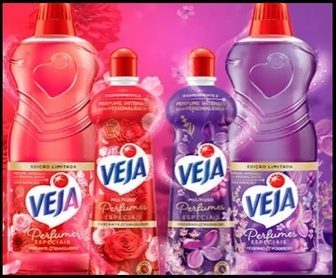 Kit promocional da campanha Veja Perfumes Especiais 2025 com limpadores perfumados e multiusos, exibidos sobre uma superfície clara com destaque para as fragrâncias.