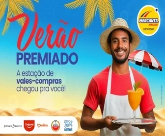 Imagem ilustrativa da promoção "Verão Premiado Mercantil Atacado 2025", mostrando clientes felizes realizando compras e ganhando prêmios instantâneos como vales-compras.