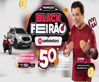 Banner promocional da campanha “Black Feirão Webmotors 2024” com destaque para o prêmio de R$50.000,00 em um cartão de crédito. A imagem apresenta elementos visuais que reforçam a parceria entre Webmotors, Aymoré e Santander Auto, incentivando a simulação de financiamento de veículos.