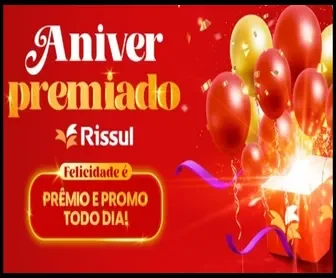 Banner da promoção Aniver Premiado Rissul com balões coloridos e caixa de presente iluminada