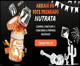 Imagem da promoção Arraiá do Pote Premiado Nutrata 2025 com pasta de amendoim, elementos juninos e botão de cadastro.