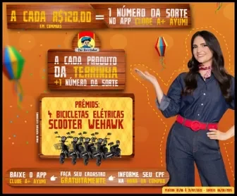 Banner promocional da Promoção Arrayumi 2025 dos Ayumi Supermercados com mulher sorrindo, detalhes da campanha, prêmios de bicicletas elétricas e instruções para participar.