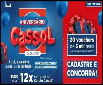 Banner da promoção Aniversário Cassol 2025 com sorteio de 20 vouchers de R$5.000 para obras.