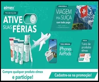 Arte oficial da promoção "Ative suas Férias com Elmex 2025", destacando produtos Elmex, prêmios semanais e viagem para a Suíça com tudo pago.