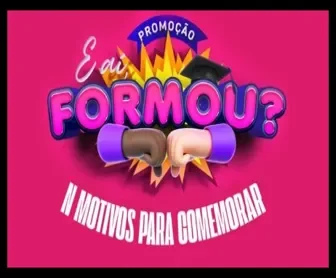 promoção e aí, formou? com dois punhos se cumprimentando e explosão colorida ao fundo