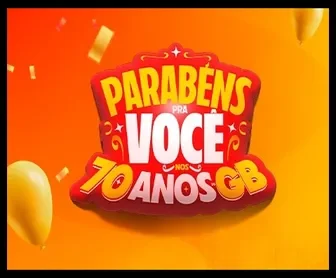 Arte da promoção "Parabéns pra você nos 70 anos GB", com fundo laranja e balões comemorativos.