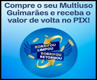Banner da promoção Guimarães Multiuso com a frase “Compre o seu Multiuso Guimarães e receba o valor de volta no PIX” e selo promocional com setas e moedas.