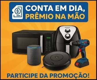 Imagem digital colorida promovendo a campanha “Conta em Dia, Prêmio na Mão” da Cermoful Energia, destacando prêmios como micro-ondas, air fryer, assistente virtual Alexa, robô aspirador e furadeira, com fundo laranja vibrante e textos em azul e branco incentivando a participação na promoção.