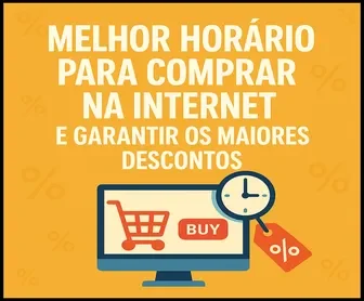 Melhor horário para comprar na internet e garantir os maiores descontos, com ilustração de computador, carrinho de compras, relógio e etiqueta de oferta.