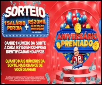 Arte da promoção Aniversário Premiado JB Supermercados com sorteio de salário por dia e R$20 mil em prêmios
