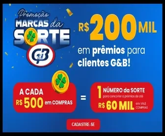Banner da promoção Marcas da Sorte G&B com R$ 200 mil em prêmios para clientes do setor de autopeças.
