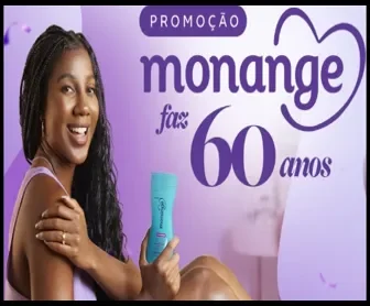 Mulher sorrindo segura produto Monange em campanha de 60 anos da marca, com fundo em tons de lilás.