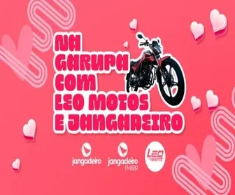 Banner promocional da campanha "Na Garupa com Leo Motos e Jangadeiro FM", destacando o sorteio de uma moto 0 km modelo Shineray FREE 150 EFI, com elementos visuais de Dia dos Namorados, logotipos da Jangadeiro FM, TV Jangadeiro e Leo Motos, além de chamadas para participação gratuita.