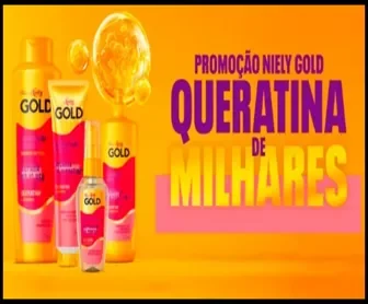 Produtos da linha Niely Gold Queratina de Milhares com fundo laranja e destaque para a promoção.