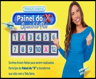 Mulher sorridente ao lado do Painel do "X" Especial de Pais da Tele Sena, com números e prêmios em destaque.