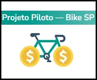 Ilustração de uma bicicleta com rodas em forma de moedas, representando o Projeto Piloto Bike SP que converte pedaladas em créditos no Bilhete Único.